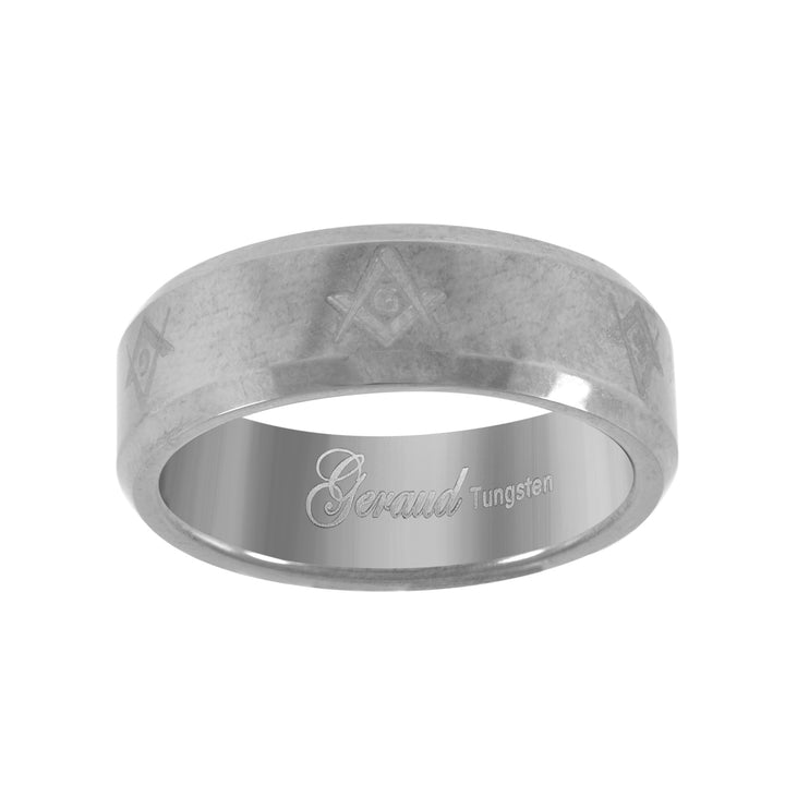 Tungsten Laser Etched Masonic Center Brushed Mens Comfort-fit 7mm Sizes 7 - 14 Wedding Anniversary Band