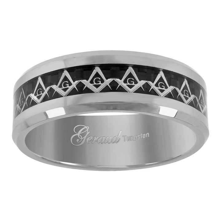 Tungsten Masonic Black Carbon Fiber Inlay Polished Comfort-fit 8mm Size-7 Mens Wedding Band