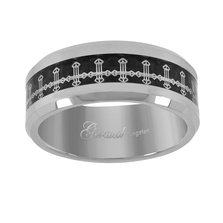 Tungsten Cross Black Carbon Fiber Inlay Polished Comfort-fit 8mm Size-12 Mens Wedding Band