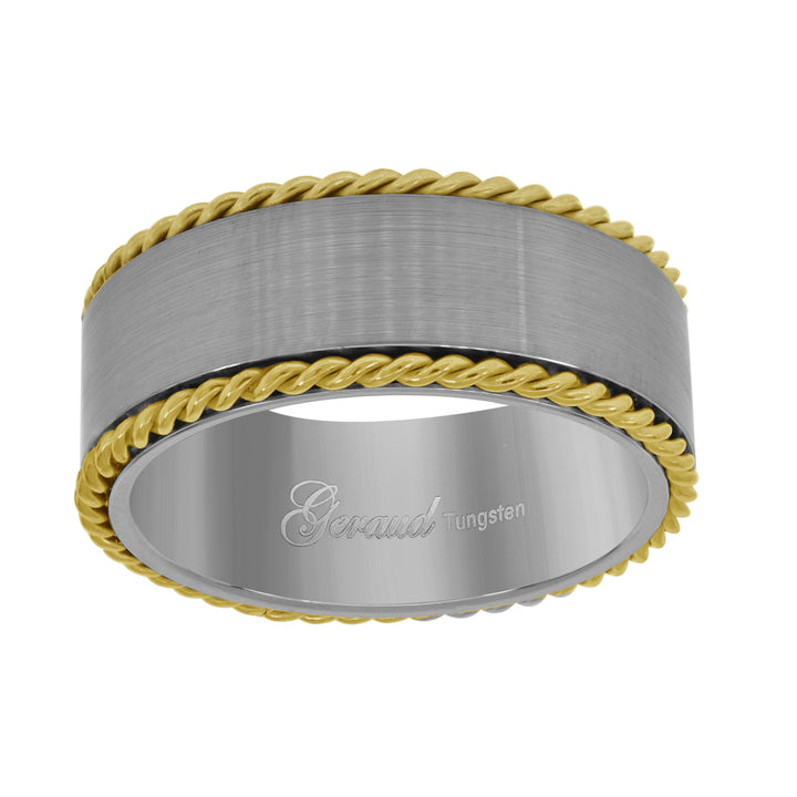 Tungsten Center Brushed with Gold-toned Braid Outlines Comfort-fit 8mm Size-11 Mens Wedding Band