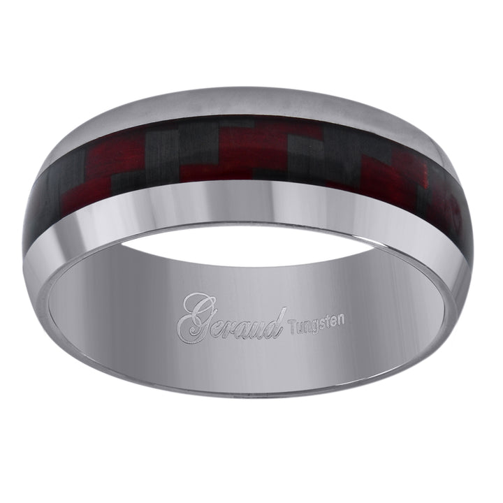 Tungsten Red Carbon Fiber Inlay Dome Mens Comfort-fit 8mm Sizes 7 - 14 Wedding Anniversary Band