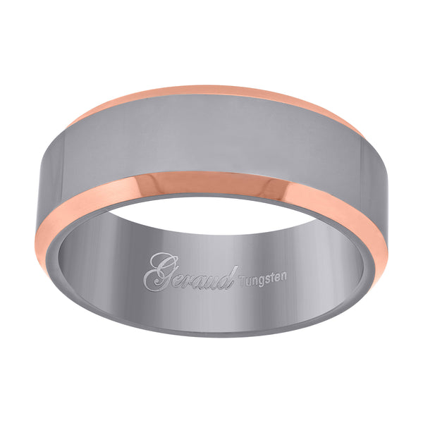 Tungsten Polished Comfort-fit with Rose Gold-toned Beveled Edges 8mm Sizes 7 - 14 Mens Wedding Band