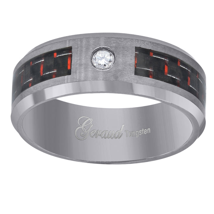 Tungsten CZ Red Carbon Fiber Inlay Mens Comfort-fit 8mm Size-7.5 Wedding Anniversary Band