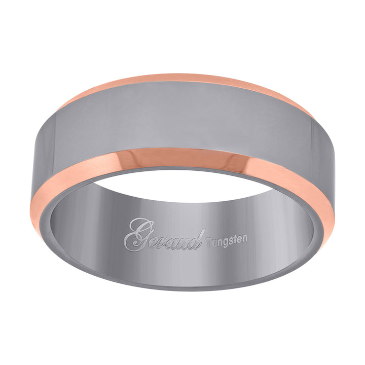 Tungsten Polished Comfort-fit with Rose Gold-toned Beveled Edges 8mm Size-9.5 Mens Wedding Band