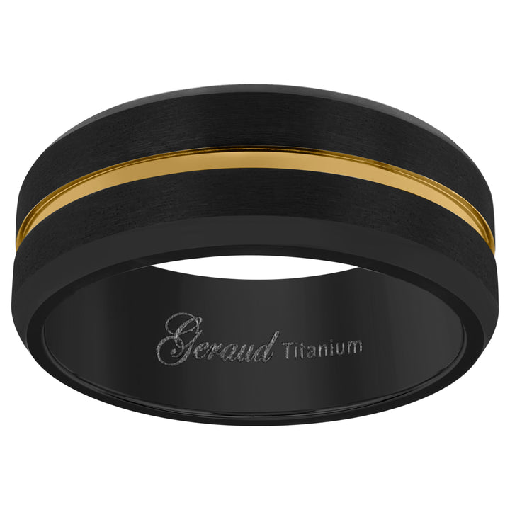 Titanium Black Yellow Tone Mens Grooved Center Beveled Edge Comfort Fit Wedding Band 8mm Size 12