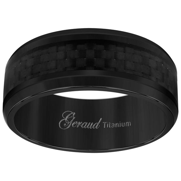 Titanium Black Mens Black Carbon Fiber Inlay Beveled Edge Comfort Fit Wedding Band 8mm Sizes 8 - 13