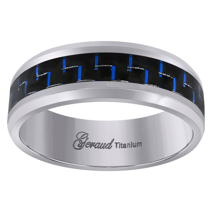 Titanium Mens Black And Blue Carbon Fiber Inlay Comfort Fit Wedding Band 8mm Size 8