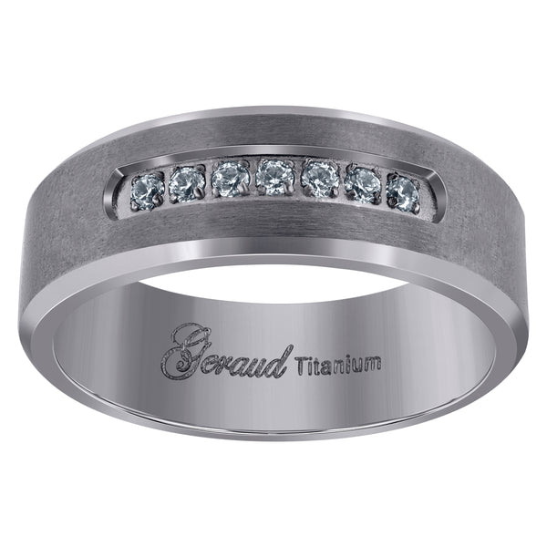 Titanium Mens Cubic Zirconia CZ Brushed Beveled Edge Comfort Fit Wedding Band 7mm Sizes 8 - 13