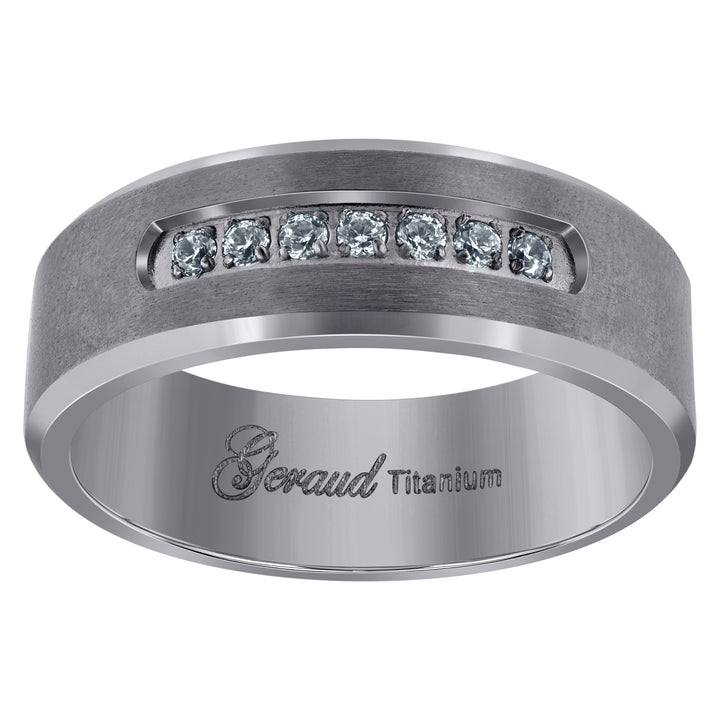 Titanium Mens Cubic Zirconia CZ Brushed Beveled Edge Comfort Fit Wedding Band 7mm Size 9